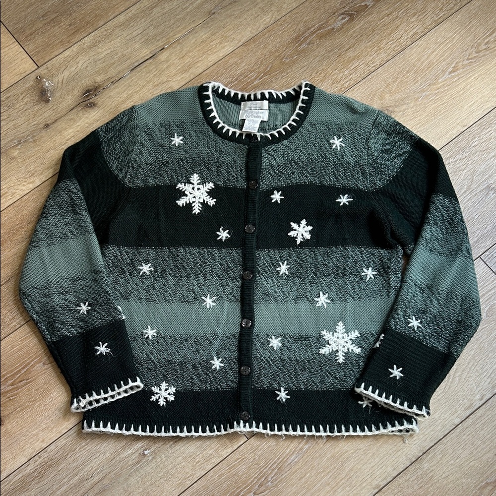 Vintage Christopher Banks Snowflake Cardigan Sweater M Hand Embroidered Green